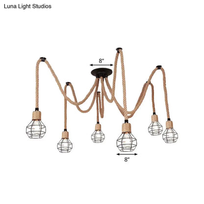 Rustic Rope Pendant Light with Spherical Cage - 6/10 Lights, Brown Bistro Swag Lamp