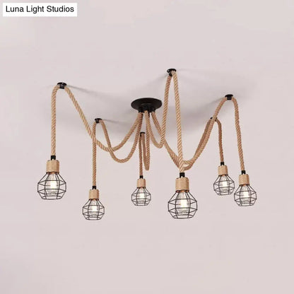 Rustic Rope Pendant Light with Spherical Cage - 6/10 Lights, Brown Bistro Swag Lamp