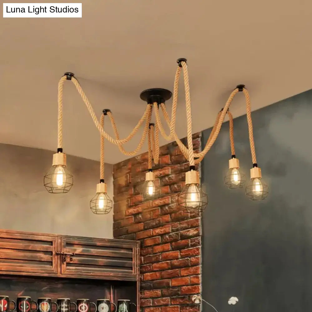 Rustic Rope Pendant Light with Spherical Cage - 6/10 Lights, Brown Bistro Swag Lamp