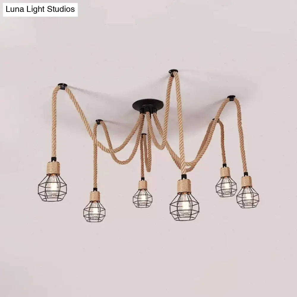 Rustic Rope Pendant Light with Spherical Cage - 6/10 Lights, Brown Bistro Swag Lamp