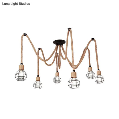 Rustic Rope Pendant Light with Spherical Cage - 6/10 Lights, Brown Bistro Swag Lamp