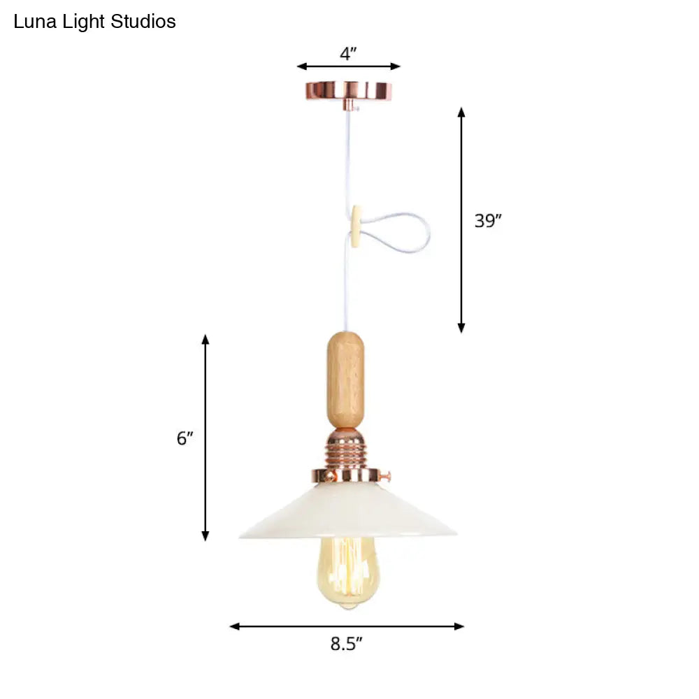 Rustic Rose Gold Hanging Lamp with Saucer/Bell Shade, Wood Handle, and Clear Ribbed Glass Pendant