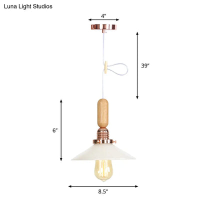 Rustic Rose Gold Hanging Lamp with Saucer/Bell Shade, Wood Handle, and Clear Ribbed Glass Pendant