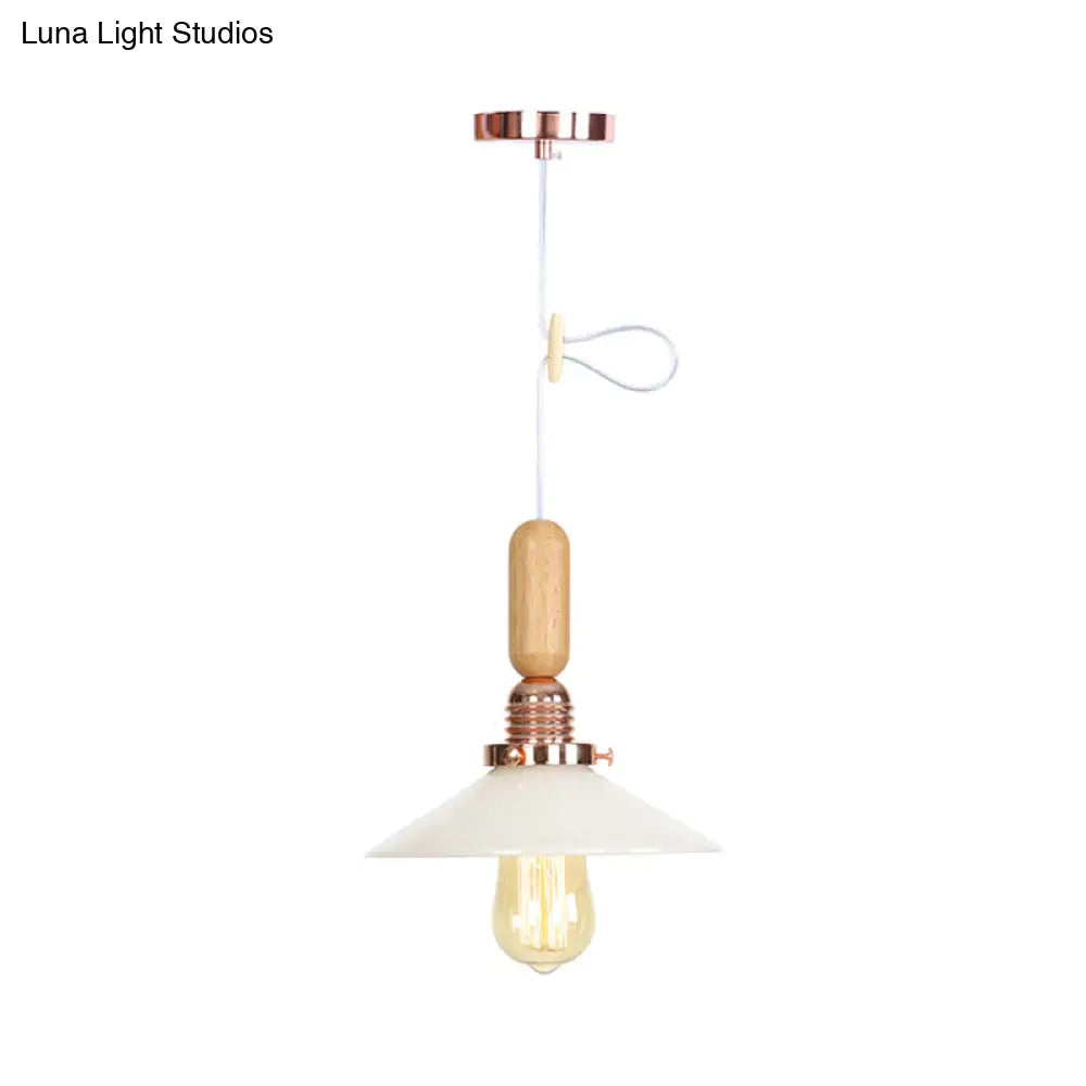 Rustic Rose Gold Hanging Lamp with Saucer/Bell Shade, Wood Handle, and Clear Ribbed Glass Pendant