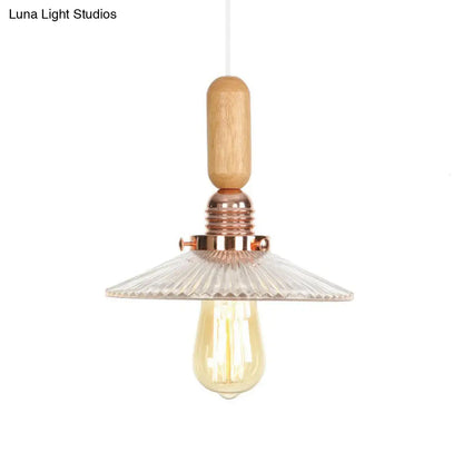 Rustic Rose Gold Hanging Lamp with Saucer/Bell Shade, Wood Handle, and Clear Ribbed Glass Pendant