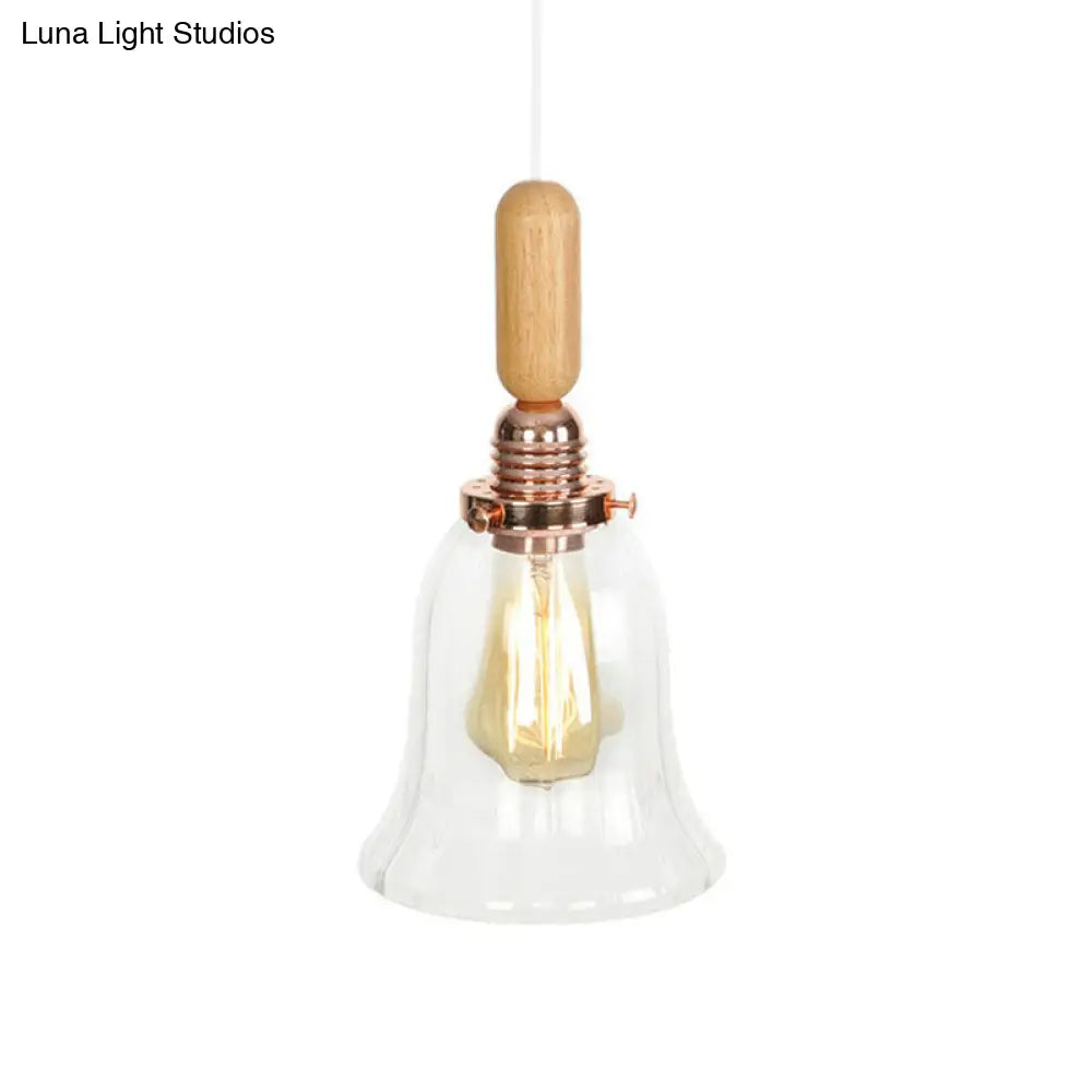 Rustic Rose Gold Hanging Lamp with Saucer/Bell Shade, Wood Handle, and Clear Ribbed Glass Pendant