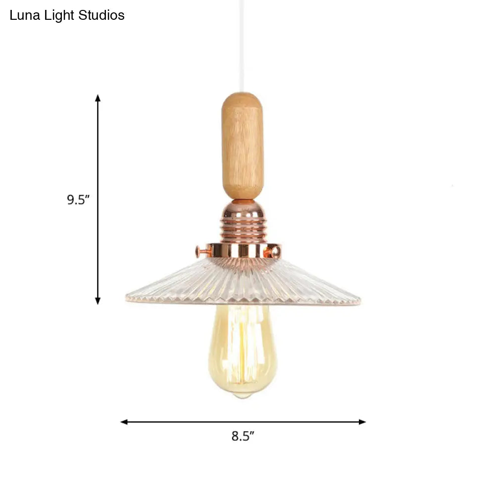 Rustic Rose Gold Hanging Lamp with Saucer/Bell Shade, Wood Handle, and Clear Ribbed Glass Pendant