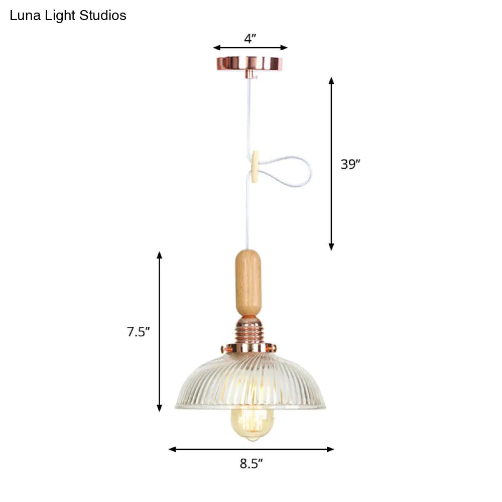 Rustic Rose Gold Hanging Lamp with Saucer/Bell Shade, Wood Handle, and Clear Ribbed Glass Pendant