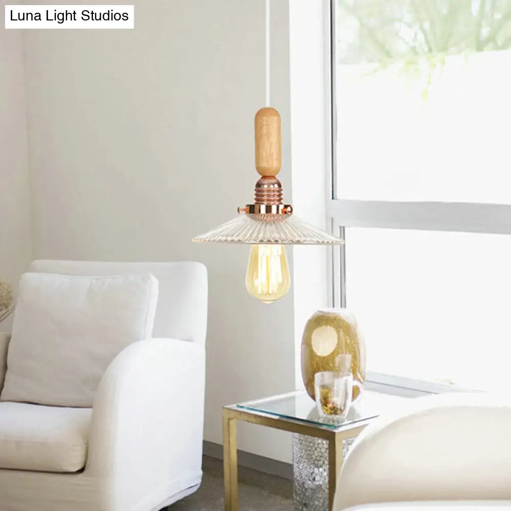 Rustic Rose Gold Hanging Lamp with Saucer/Bell Shade, Wood Handle, and Clear Ribbed Glass Pendant