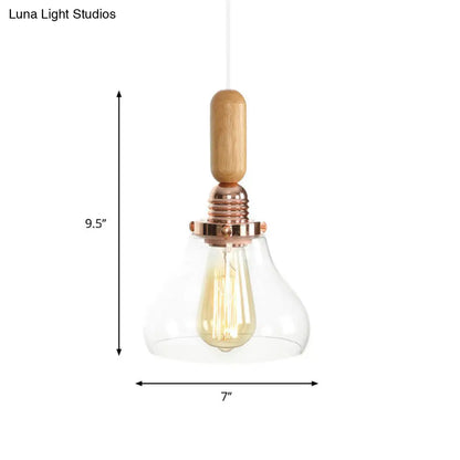 Rustic Rose Gold Hanging Lamp with Saucer/Bell Shade, Wood Handle, and Clear Ribbed Glass Pendant