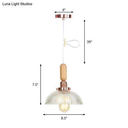 Rustic Rose Gold Hanging Lamp with Saucer/Bell Shade, Wood Handle, and Clear Ribbed Glass Pendant