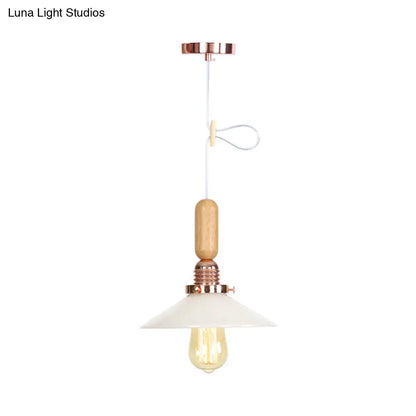 Rustic Rose Gold Hanging Lamp with Saucer/Bell Shade, Wood Handle, and Clear Ribbed Glass Pendant