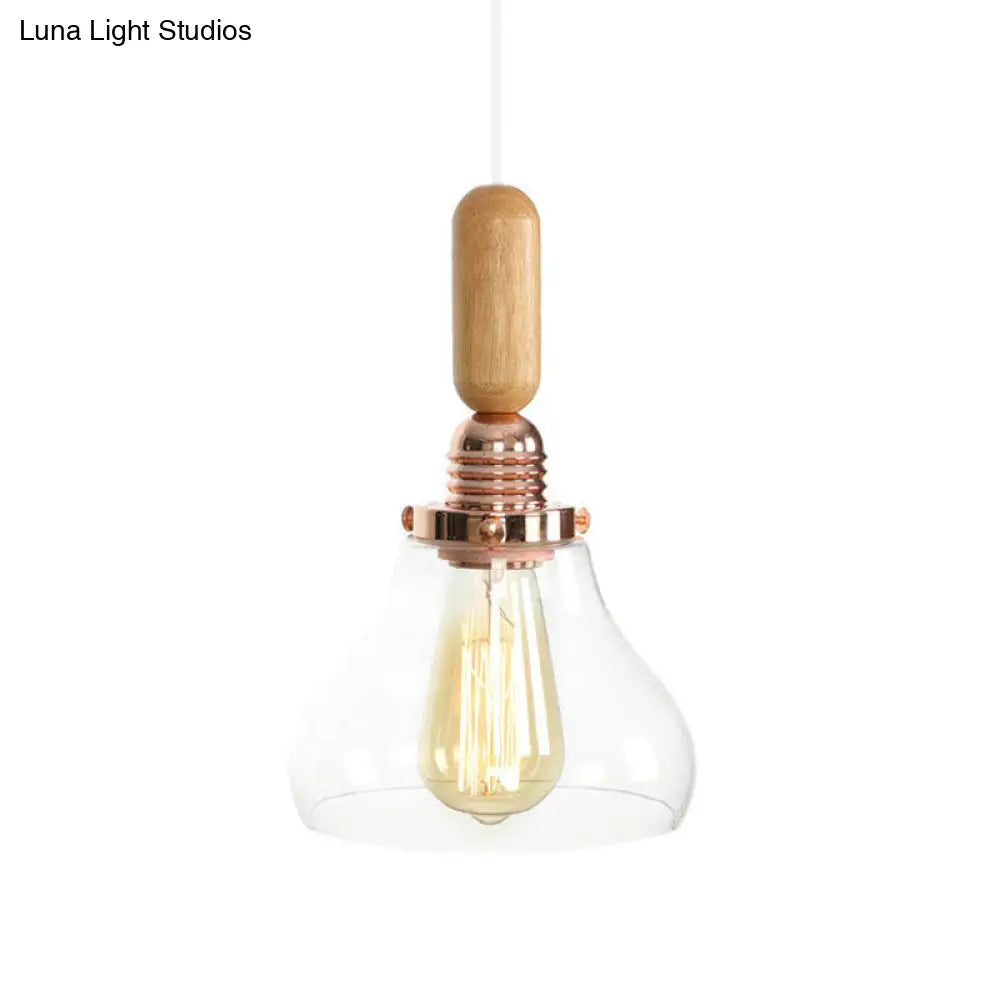 Rustic Rose Gold Hanging Lamp with Saucer/Bell Shade, Wood Handle, and Clear Ribbed Glass Pendant