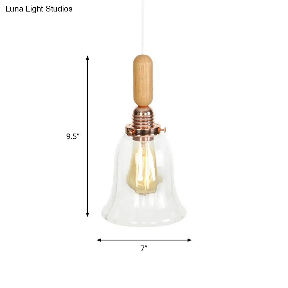 Rustic Rose Gold Hanging Lamp with Saucer/Bell Shade, Wood Handle, and Clear Ribbed Glass Pendant