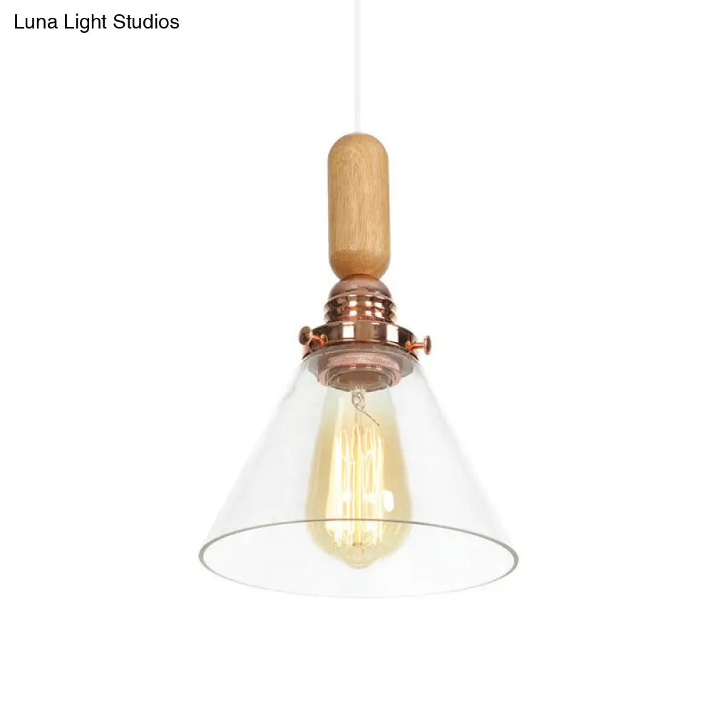 Rustic Rose Gold Hanging Lamp with Saucer/Bell Shade, Wood Handle, and Clear Ribbed Glass Pendant