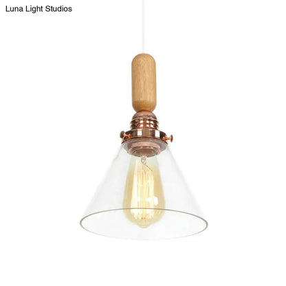 Rustic Rose Gold Hanging Lamp with Saucer/Bell Shade, Wood Handle, and Clear Ribbed Glass Pendant