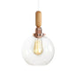 Rustic Rose Gold Hanging Lamp with Saucer/Bell Shade, Wood Handle, and Clear Ribbed Glass Pendant