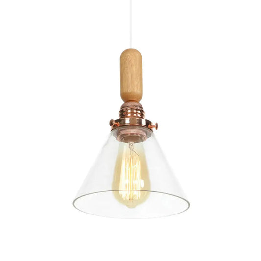 Rustic Rose Gold Hanging Lamp with Saucer/Bell Shade, Wood Handle, and Clear Ribbed Glass Pendant