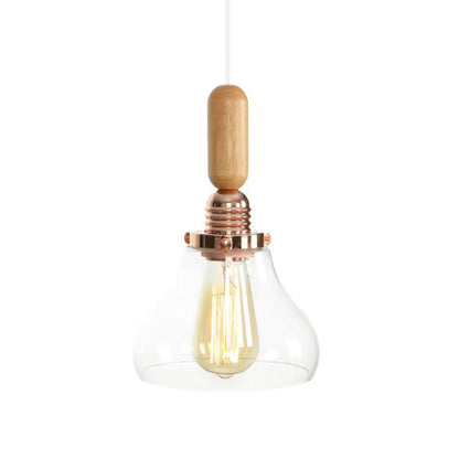 Rustic Rose Gold Hanging Lamp with Saucer/Bell Shade, Wood Handle, and Clear Ribbed Glass Pendant