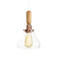 Rustic Rose Gold Hanging Lamp with Saucer/Bell Shade, Wood Handle, and Clear Ribbed Glass Pendant