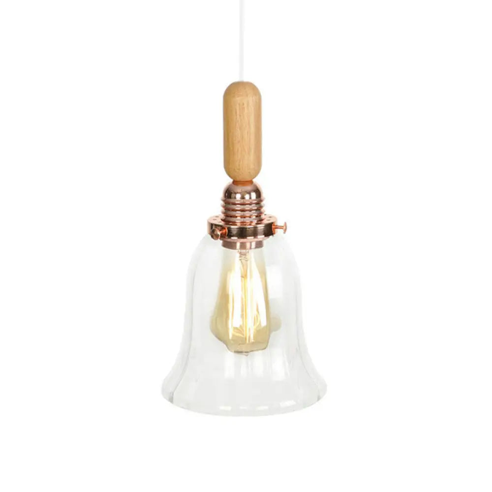 Rustic Rose Gold Hanging Lamp with Saucer/Bell Shade, Wood Handle, and Clear Ribbed Glass Pendant