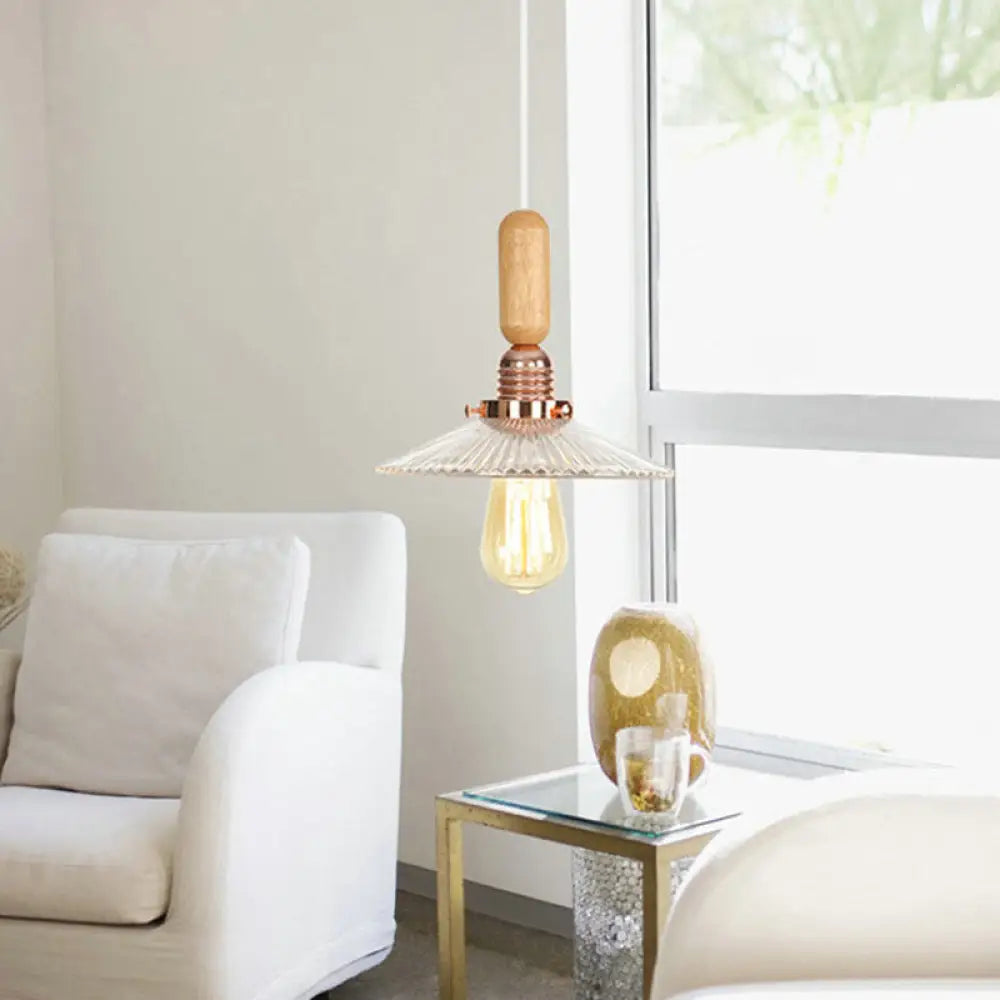 Rustic Rose Gold Hanging Lamp with Saucer/Bell Shade, Wood Handle, and Clear Ribbed Glass Pendant