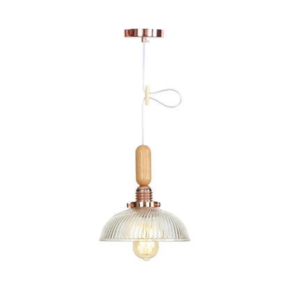 Rustic Rose Gold Hanging Lamp with Saucer/Bell Shade, Wood Handle, and Clear Ribbed Glass Pendant