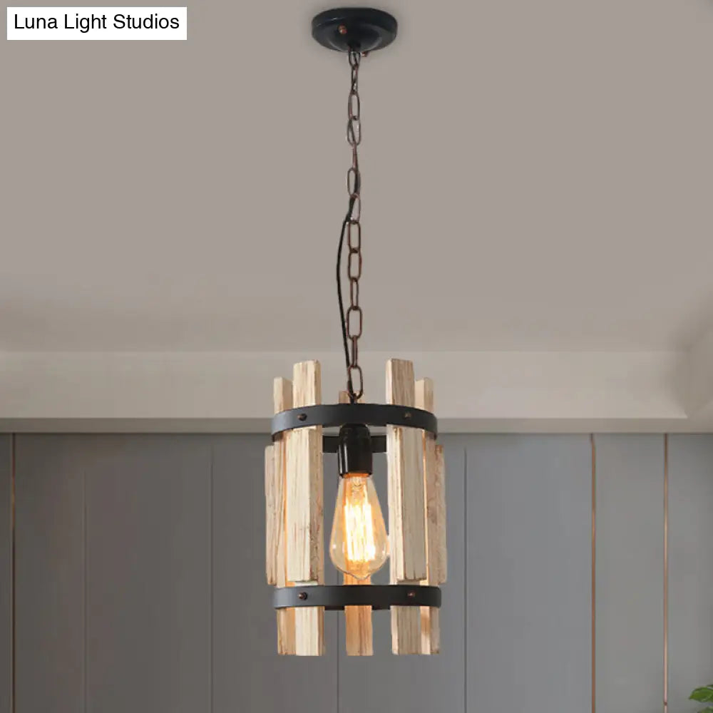 Rustic Round Metallic Pendant Lamp with Wooden Frame - Wood/White