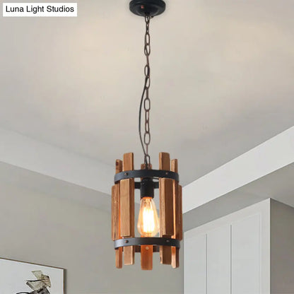 Rustic Round Metallic Pendant Lamp with Wooden Frame - Wood/White