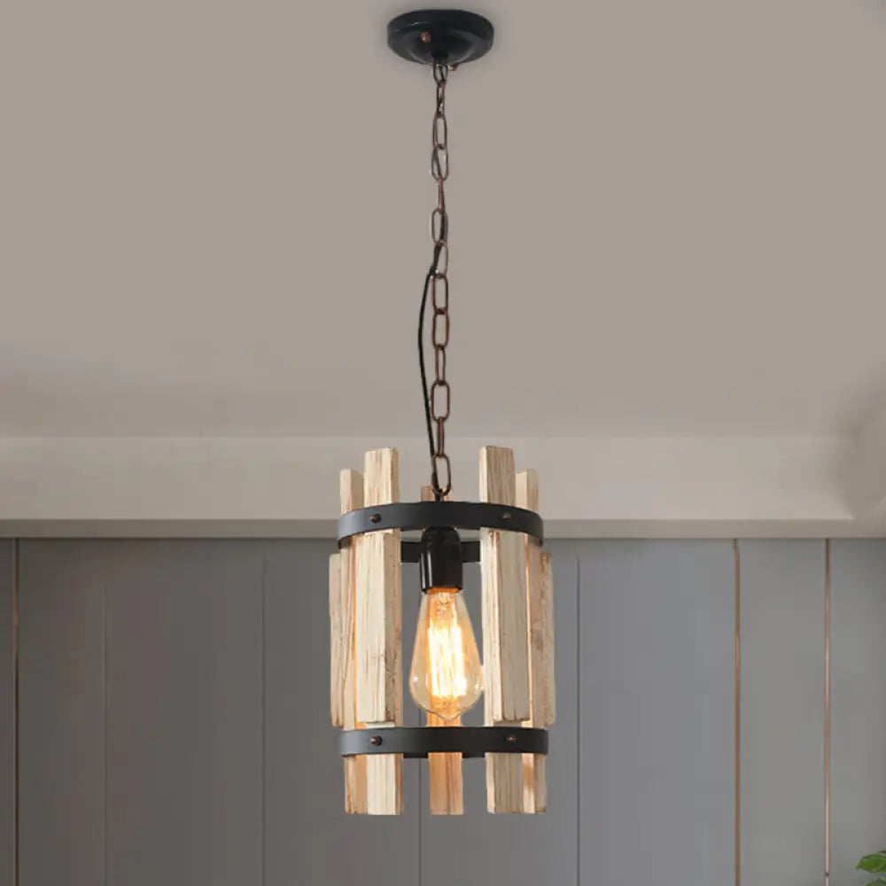 Rustic Round Metallic Pendant Lamp with Wooden Frame - Wood/White