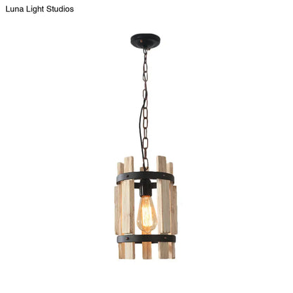 Rustic Round Metallic Pendant Lamp with Wooden Frame - Wood/White