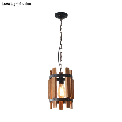 Rustic Round Metallic Pendant Lamp with Wooden Frame - Wood/White