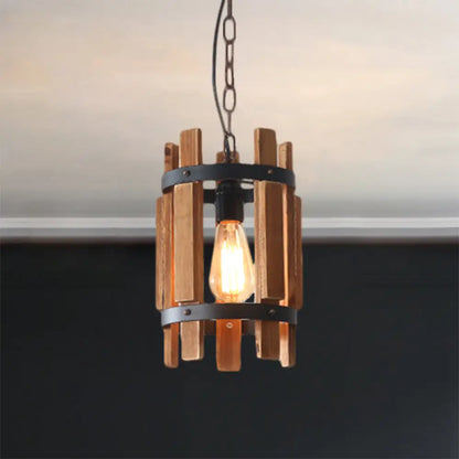 Rustic Round Metallic Pendant Lamp with Wooden Frame - Wood/White