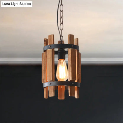 Rustic Round Metallic Pendant Lamp with Wooden Frame - Wood/White