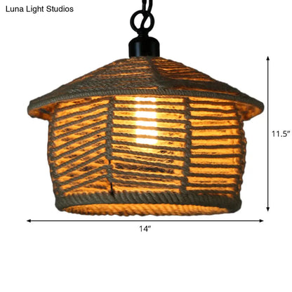 Rustic Scalloped Bowl Pendant Ceiling Lamp with Jute Rope Suspension - Wood Finish - Ideal for Dining Room