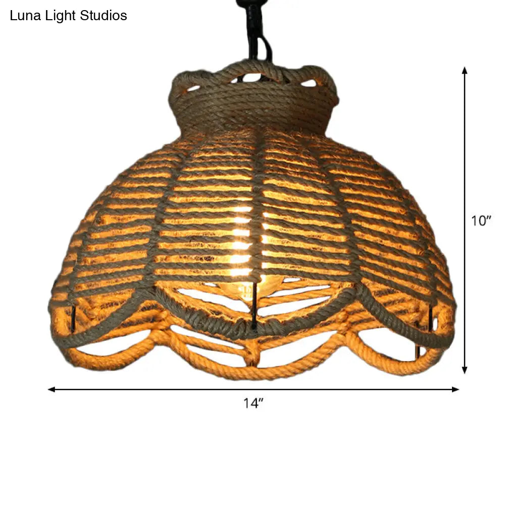 Rustic Scalloped Bowl Pendant Ceiling Lamp with Jute Rope Suspension - Wood Finish - Ideal for Dining Room