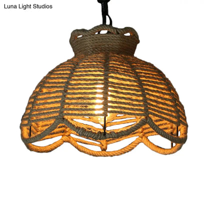 Rustic Scalloped Bowl Pendant Ceiling Lamp with Jute Rope Suspension - Wood Finish - Ideal for Dining Room