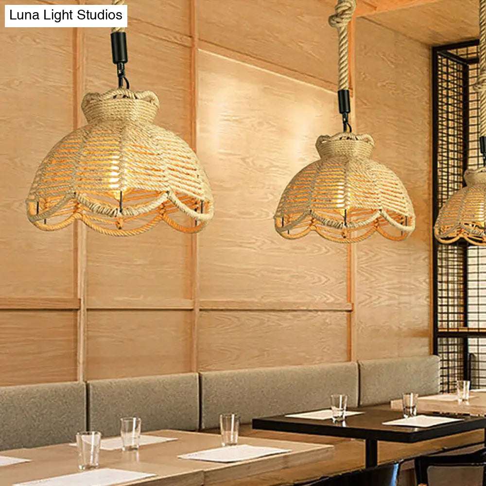 Rustic Scalloped Bowl Pendant Ceiling Lamp with Jute Rope Suspension - Wood Finish - Ideal for Dining Room