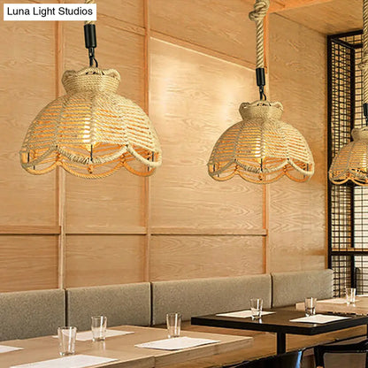 Rustic Scalloped Bowl Pendant Ceiling Lamp with Jute Rope Suspension - Wood Finish - Ideal for Dining Room