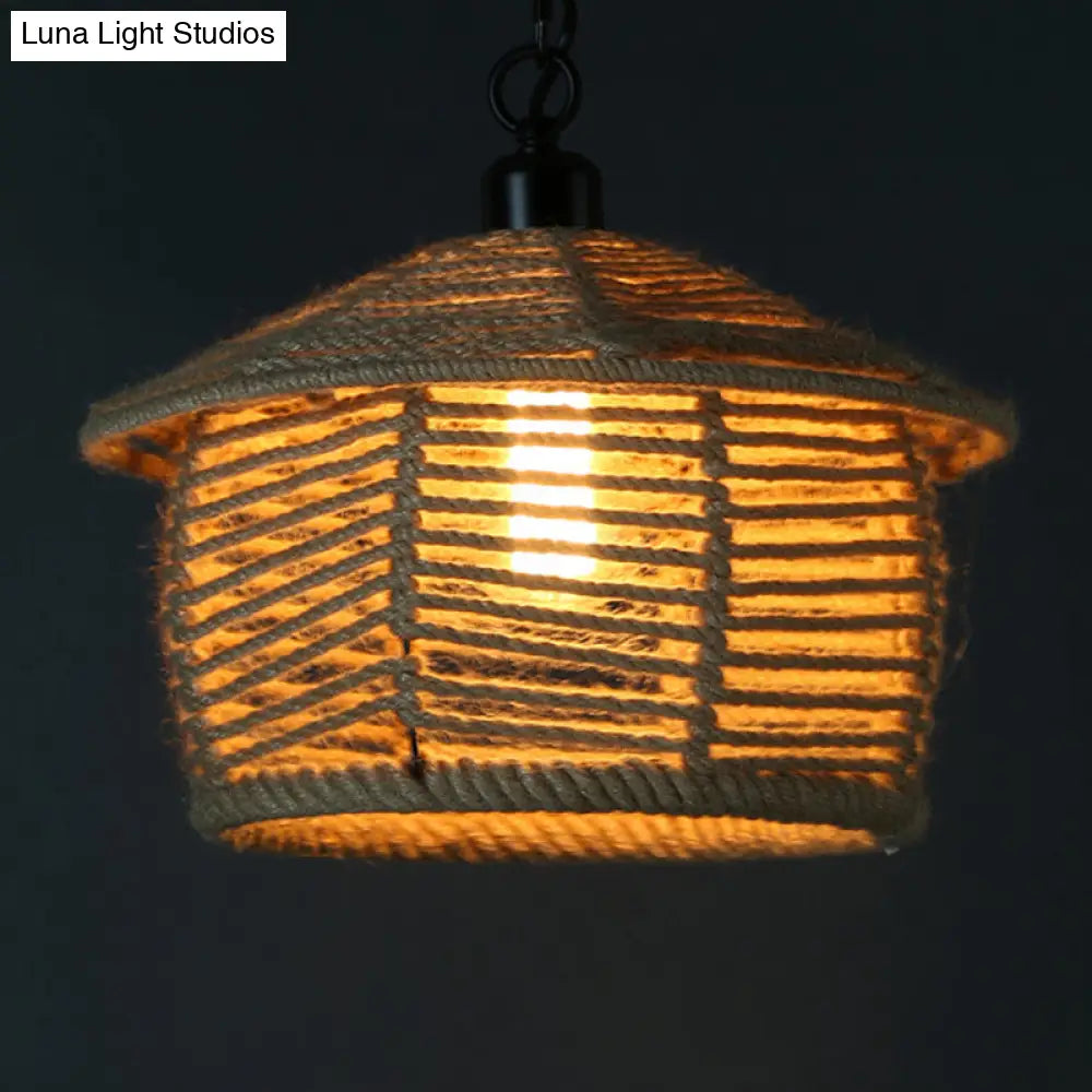 Rustic Scalloped Bowl Pendant Ceiling Lamp with Jute Rope Suspension - Wood Finish - Ideal for Dining Room