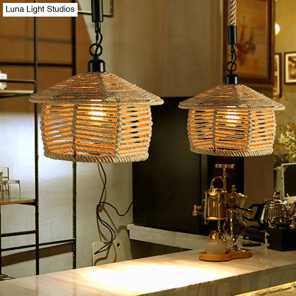 Rustic Scalloped Bowl Pendant Ceiling Lamp with Jute Rope Suspension - Wood Finish - Ideal for Dining Room