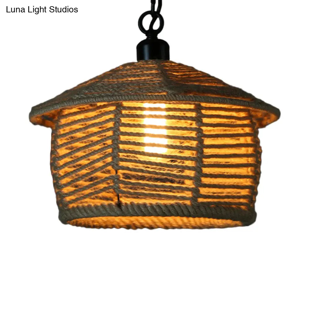 Rustic Scalloped Bowl Pendant Ceiling Lamp with Jute Rope Suspension - Wood Finish - Ideal for Dining Room