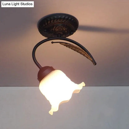 DecorBites™ DecorBites™ Rustic Scalloped Opal Glass Semi Flush Ceiling Light Fixture with Curved Arm in White/Black