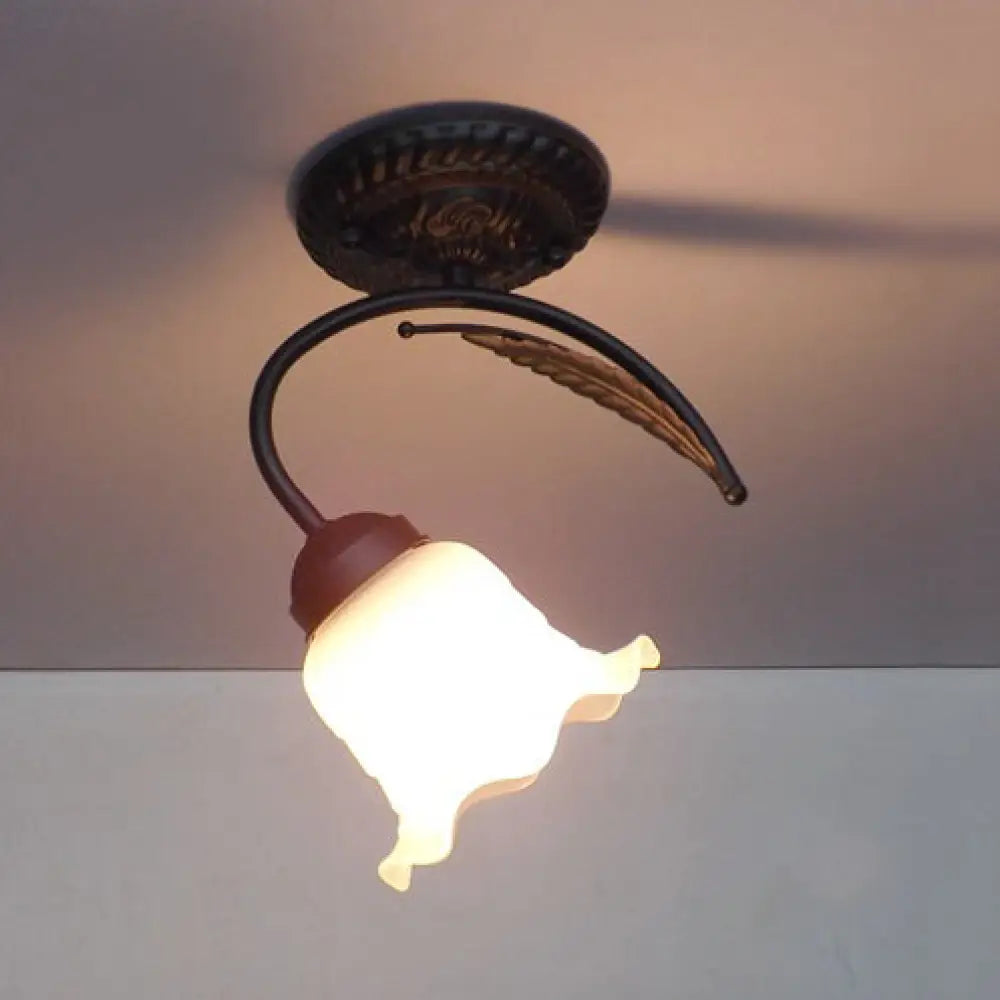 DecorBites™ DecorBites™ Rustic Scalloped Opal Glass Semi Flush Ceiling Light Fixture with Curved Arm in White/Black