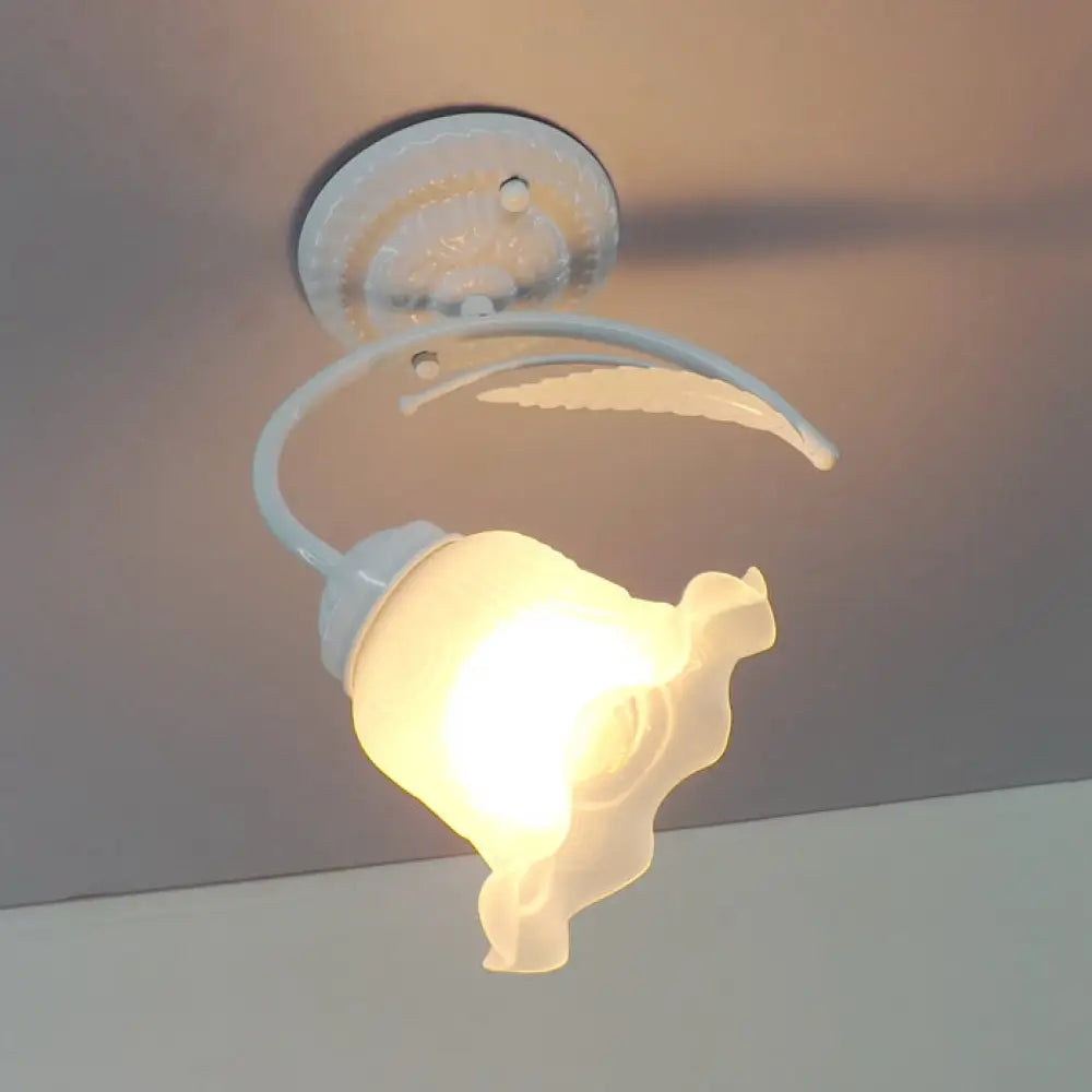 DecorBites™ DecorBites™ Rustic Scalloped Opal Glass Semi Flush Ceiling Light Fixture with Curved Arm in White/Black