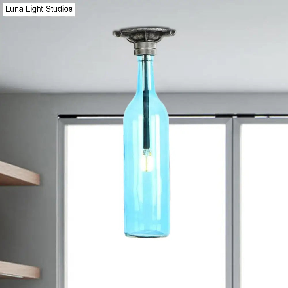 DecorBites™ DecorBites™ Rustic Semi Flush Bottle Glass Ceiling Light Fixture with Brown/Blue Shades for Corridor