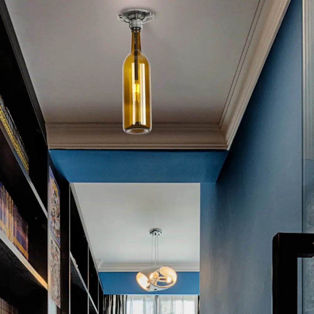 DecorBites™ DecorBites™ Rustic Semi Flush Bottle Glass Ceiling Light Fixture with Brown/Blue Shades for Corridor