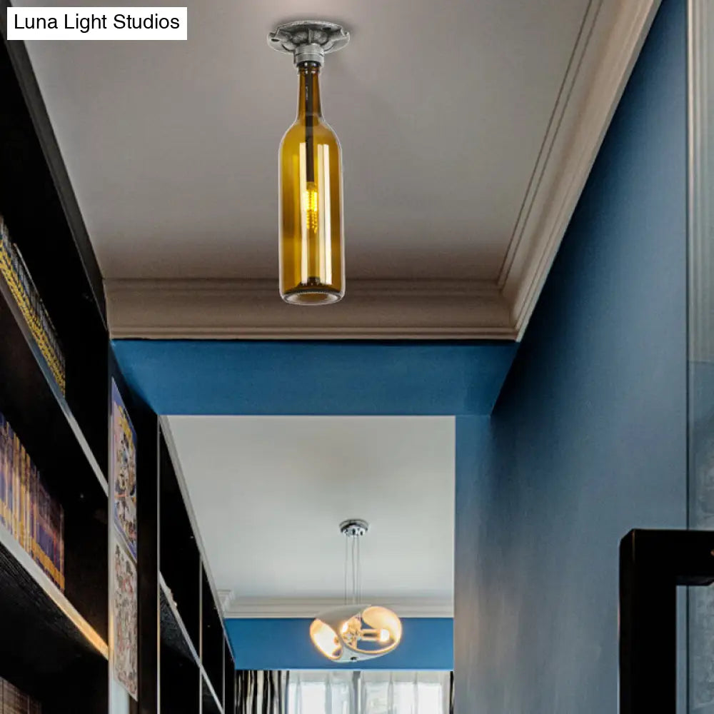 DecorBites™ DecorBites™ Rustic Semi Flush Bottle Glass Ceiling Light Fixture with Brown/Blue Shades for Corridor