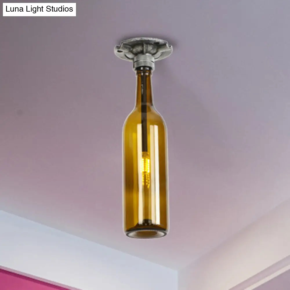 DecorBites™ DecorBites™ Rustic Semi Flush Bottle Glass Ceiling Light Fixture with Brown/Blue Shades for Corridor