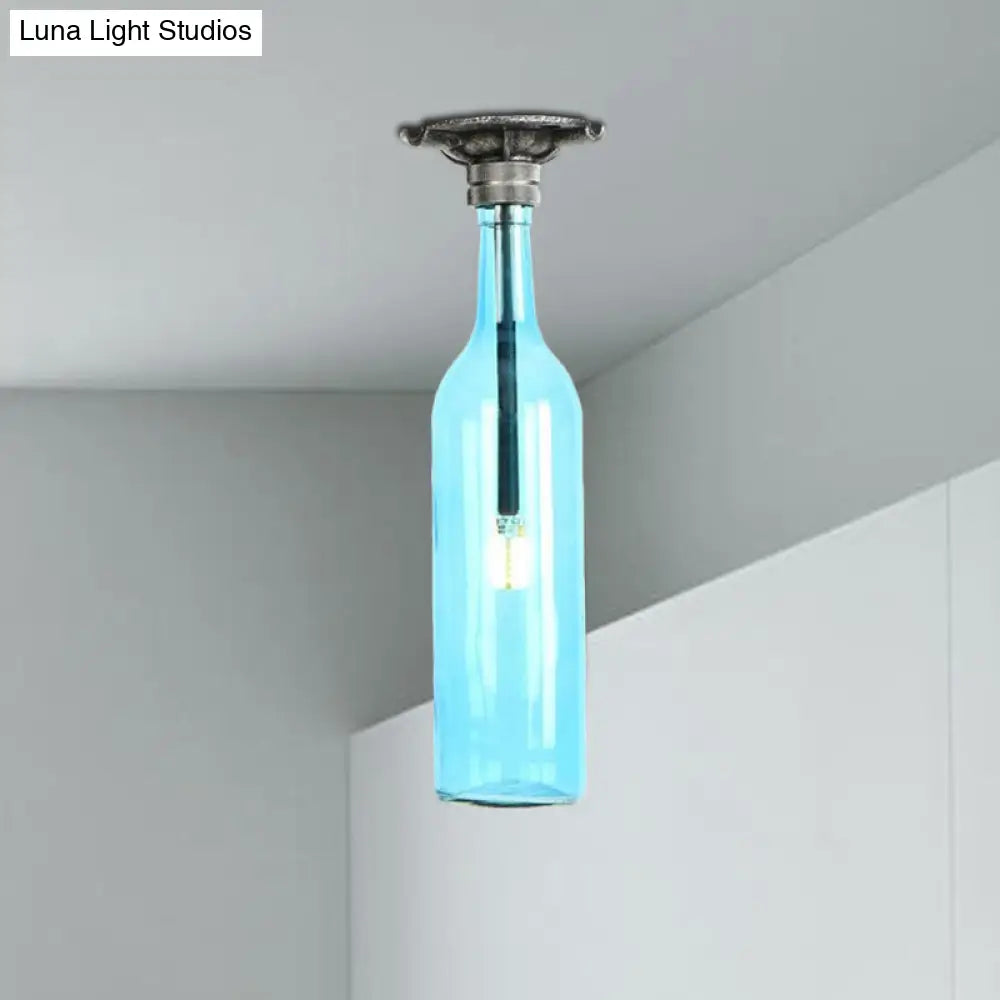 DecorBites™ DecorBites™ Rustic Semi Flush Bottle Glass Ceiling Light Fixture with Brown/Blue Shades for Corridor